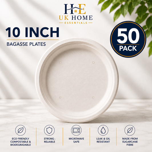 10 Inch Bagasse Plates (26cm) – Large Heavy Duty Disposable Plates for BBQ & Events