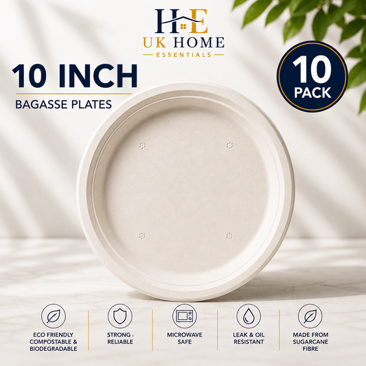 10 Inch Bagasse Plates (26cm) – Large Heavy Duty Disposable Plates for BBQ & Events - 10 Pack