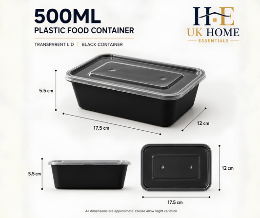 500ml Black Plastic Food Containers – Meal Prep & Takeaway