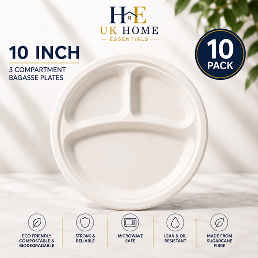 3 Compartment Bagasse Plates (10 Inch/26cm) – Divided Disposable Plates for Meal Service