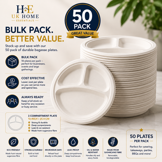 3 Compartment Bagasse Plates (26cm) – Divided Disposable Plates for Meal Service - 50 Pack