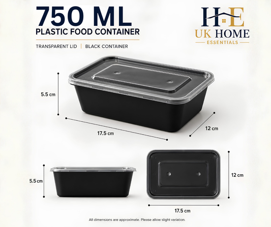750ml Black Plastic Food Containers – Meal Prep & Takeaway
