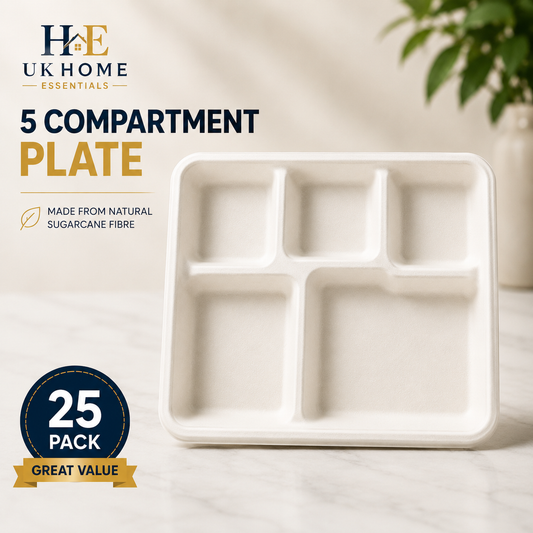 5 Compartment Bagasse Plates (26x21cm) – Multi-Section Thali Plates for Full Meal Service