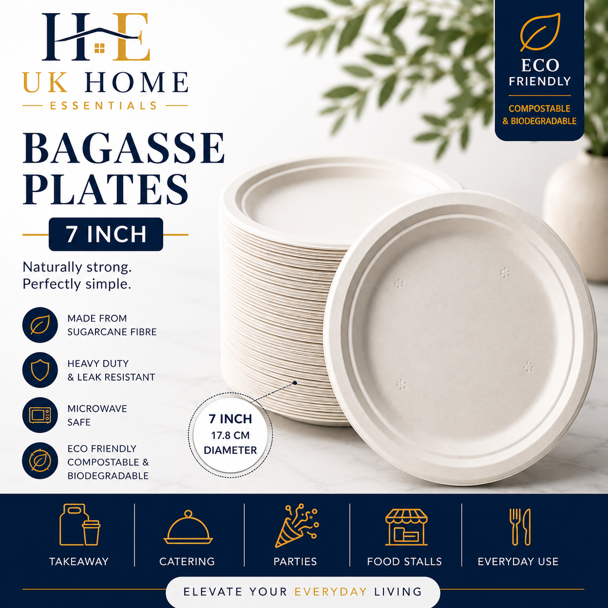 Bagasse plates by UK Home Essentials with eco-friendly label and product details.