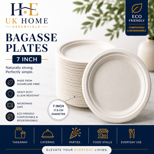 Bagasse plates by UK Home Essentials with eco-friendly label and product details.