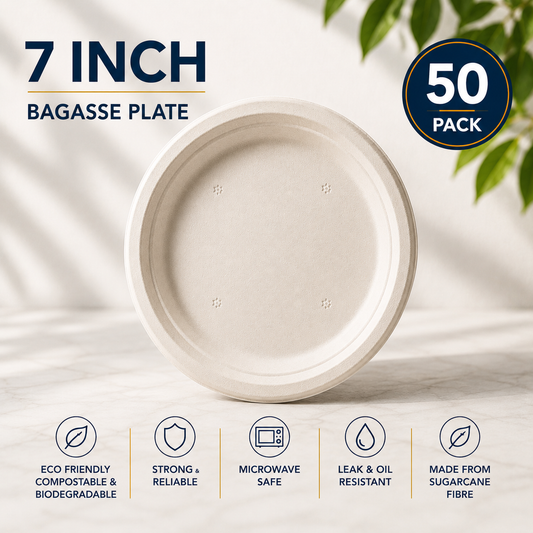 7 Inch Bagasse Plates (17cm) – Heavy Duty Disposable Plates for Takeaway & Catering - 50 per Pack
