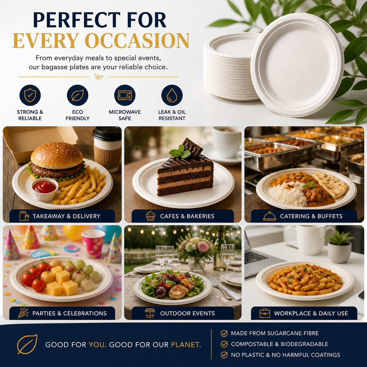 Bagasse plates with promotional text about their uses and benefits on a white background.