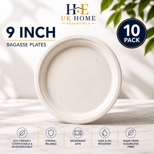 9 Inch Bagasse Plates (23cm) – Heavy Duty Disposable Main Course Plates- 10 Pack