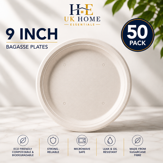 9" Round Bagasse Plates 50x12 (1 Box of 12 Packs)