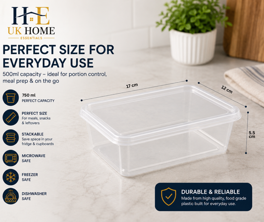 750ml Transparent Plastic Food Containers – Meal Prep & Takeaway